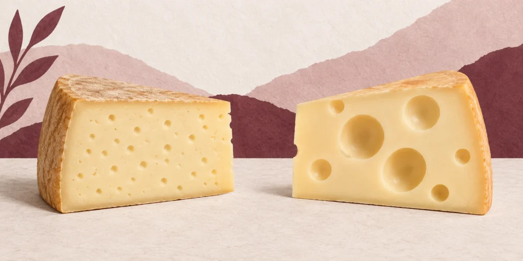 Deux quartiers de fromage : gruyère français à petits trous à gauche et emmental à grandes ouvertures à droite.