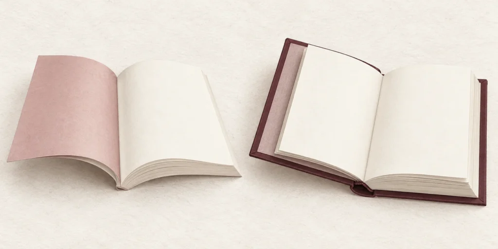 Un livre broché ouvert à couverture souple rose, à côté d’un livre relié ouvert à couverture rigide bordeaux.