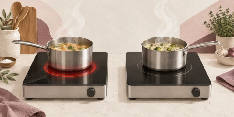 Deux foyers noirs avec casseroles : un foyer radiant rouge sous la surface à gauche et une zone à induction sans rougeoiement à droite.