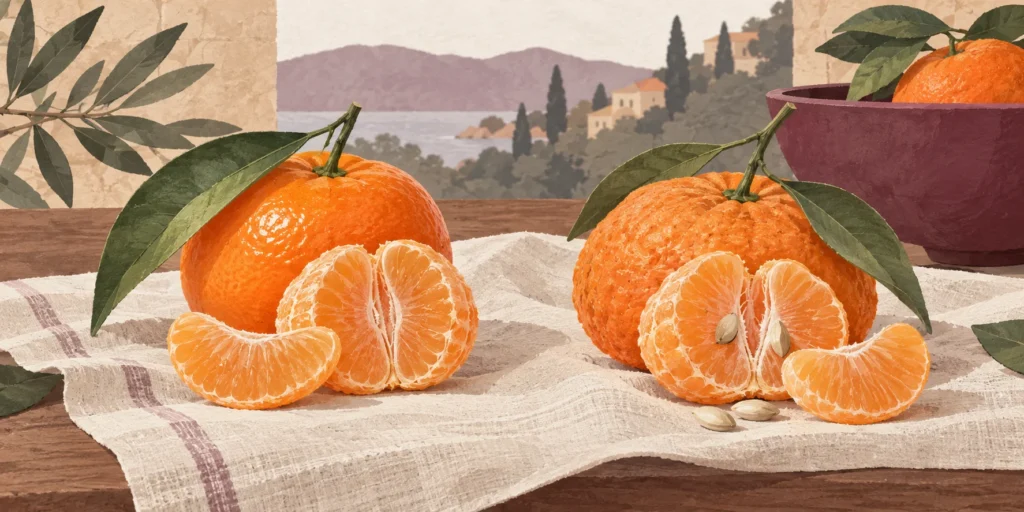 Illustration de deux petits agrumes orange avec des quartiers ouverts, quelques pépins et un bol couleur prune.