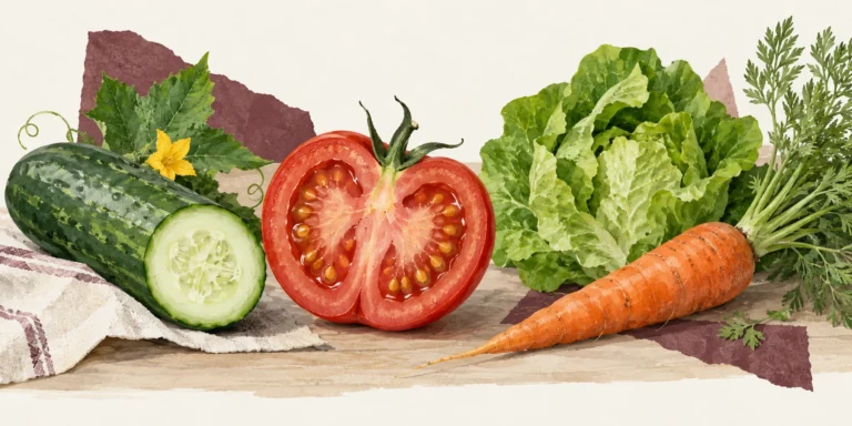 Tomate en coupe avec ses graines et concombre, à côté d’une carotte et de feuilles de laitue.