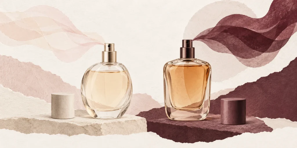 Deux vaporisateurs de parfum sans marque, accompagnés de rubans de papier clairs et bordeaux évoquant des intensités différentes.