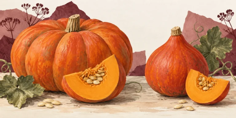 Un potiron aplati et côtelé à gauche et un potimarron plus petit en forme de poire à droite, avec leurs quartiers orange.
