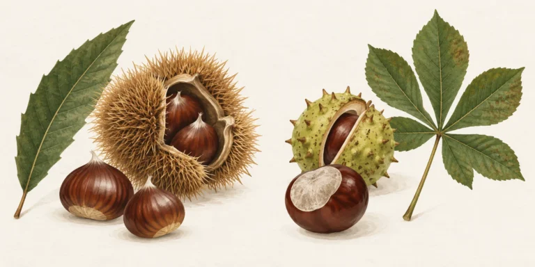 Châtaignes pointues et bogue hérissée à gauche, marron d’Inde arrondi et capsule verte à droite, avec leurs feuilles distinctes.