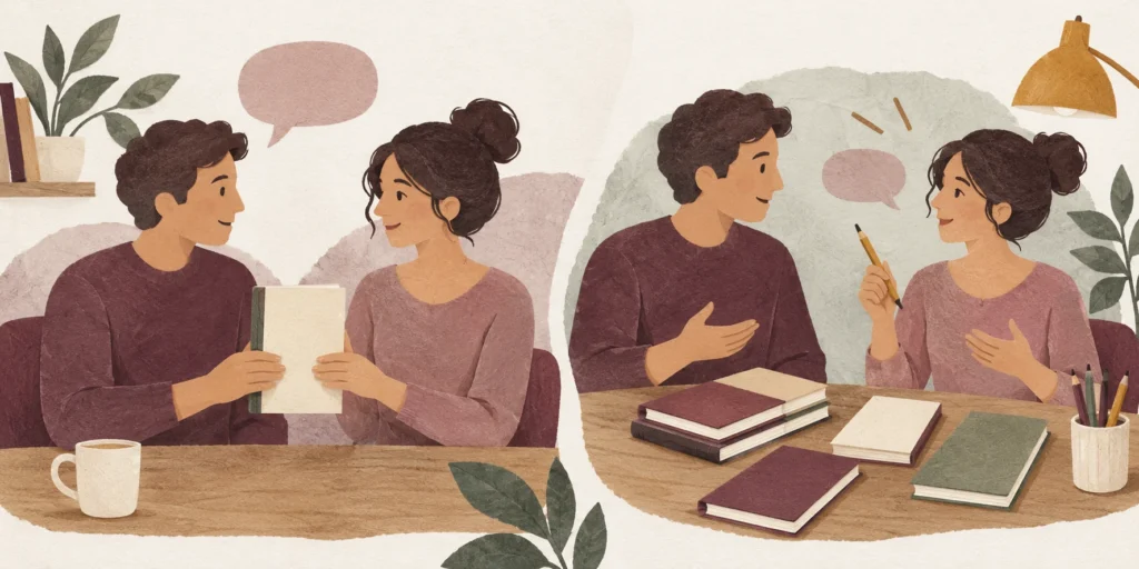 Illustration de deux personnes partageant un cahier, puis discutant devant plusieurs cahiers et des bulles de parole vides.