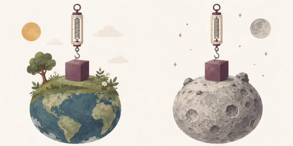 Illustration du même cube couleur prune suspendu à un appareil à ressort au-dessus d’une Terre et d’une Lune stylisées.
